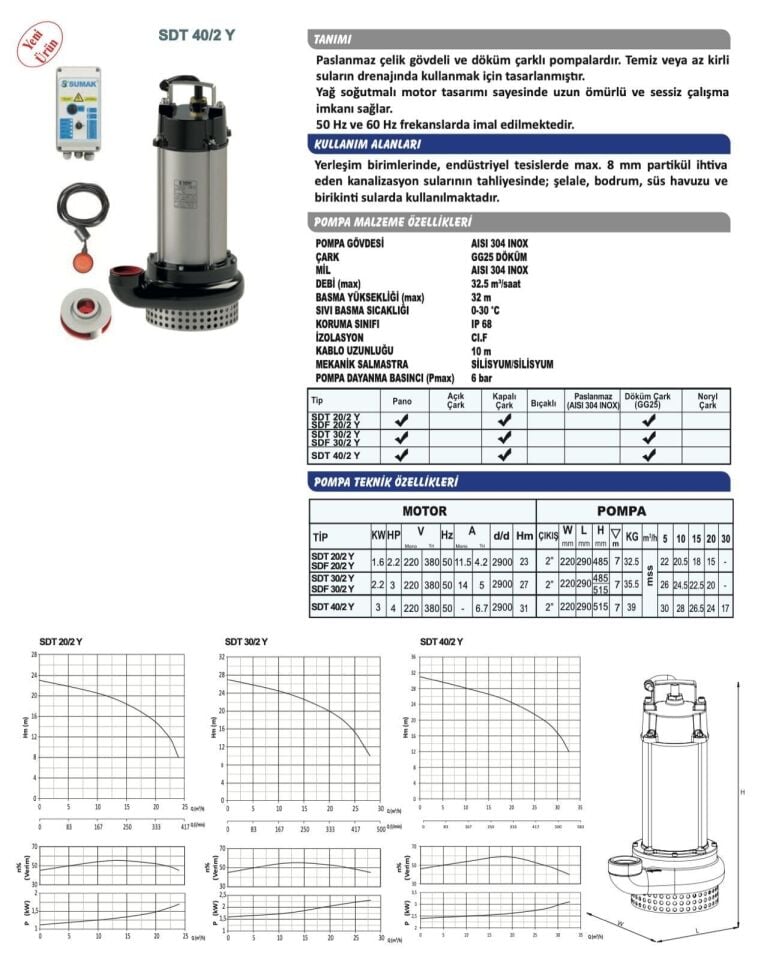 Sumak SDF 30/2 Y - 3 Hp Paslanmaz Gövdeli Kirli Su Dalgıç Pompa 220v