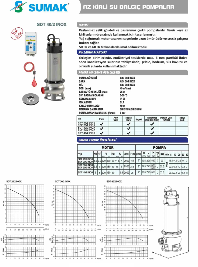 Sumak SDT 20/2 İNOX - 2.2 Hp Paslanmaz Gövdeli Kirli Su Dalgıç pompa 380v