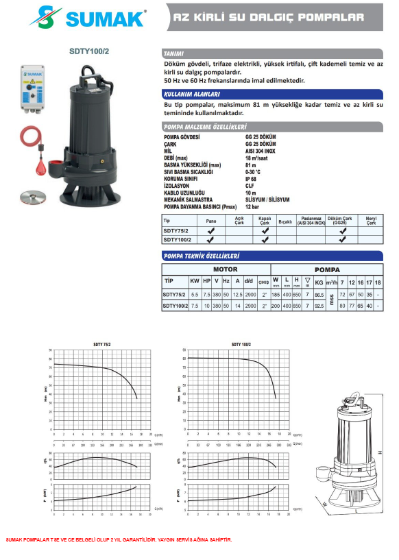 Sumak SDTY100/2 - 10 Hp  Az Kirli Su Drenaj Dalgıç Pompa