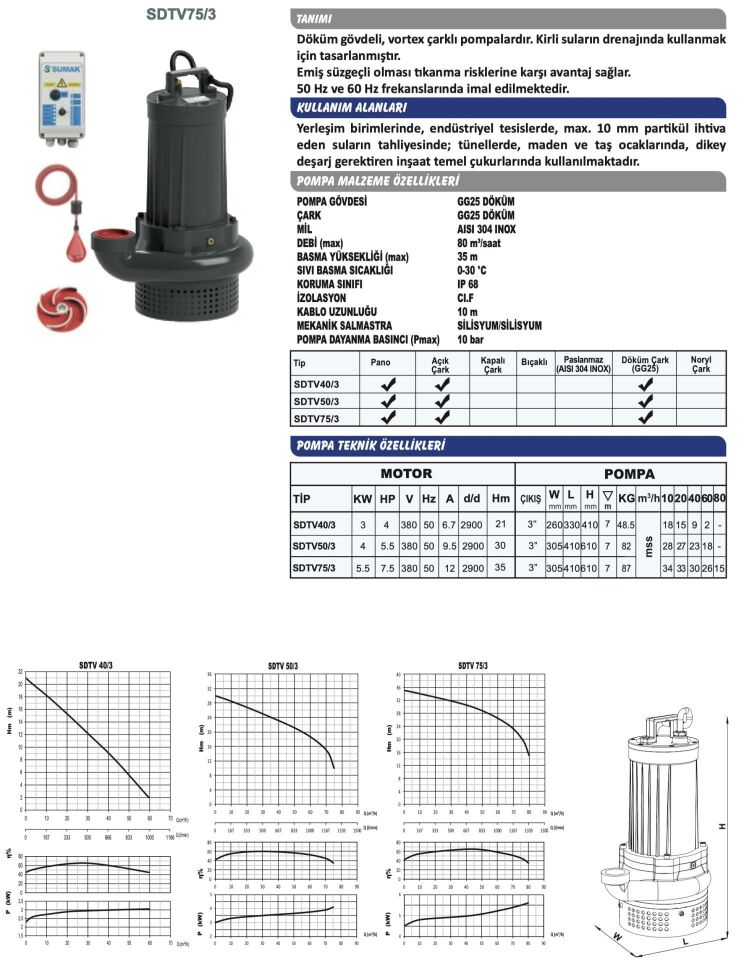 Sumak SDTV40/3 - 4 Hp  Vortex Çarklı Atık Su Dalgıç Pompa