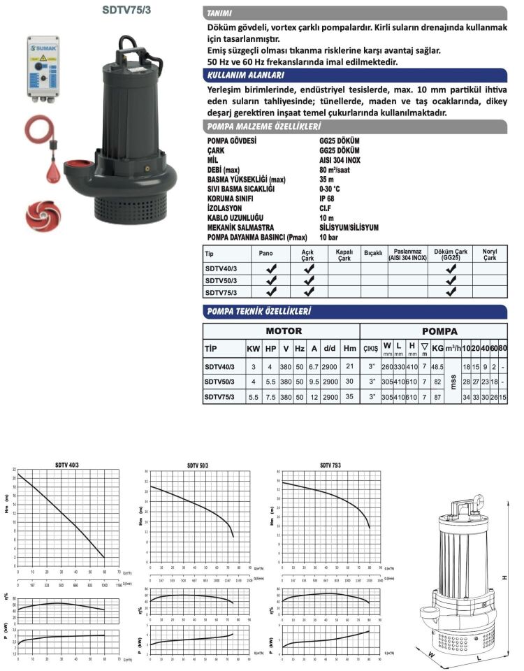 Sumak SDTV50/3 - 5.5 Hp  Vortex Çarklı Atık Su Dalgıç Pompa