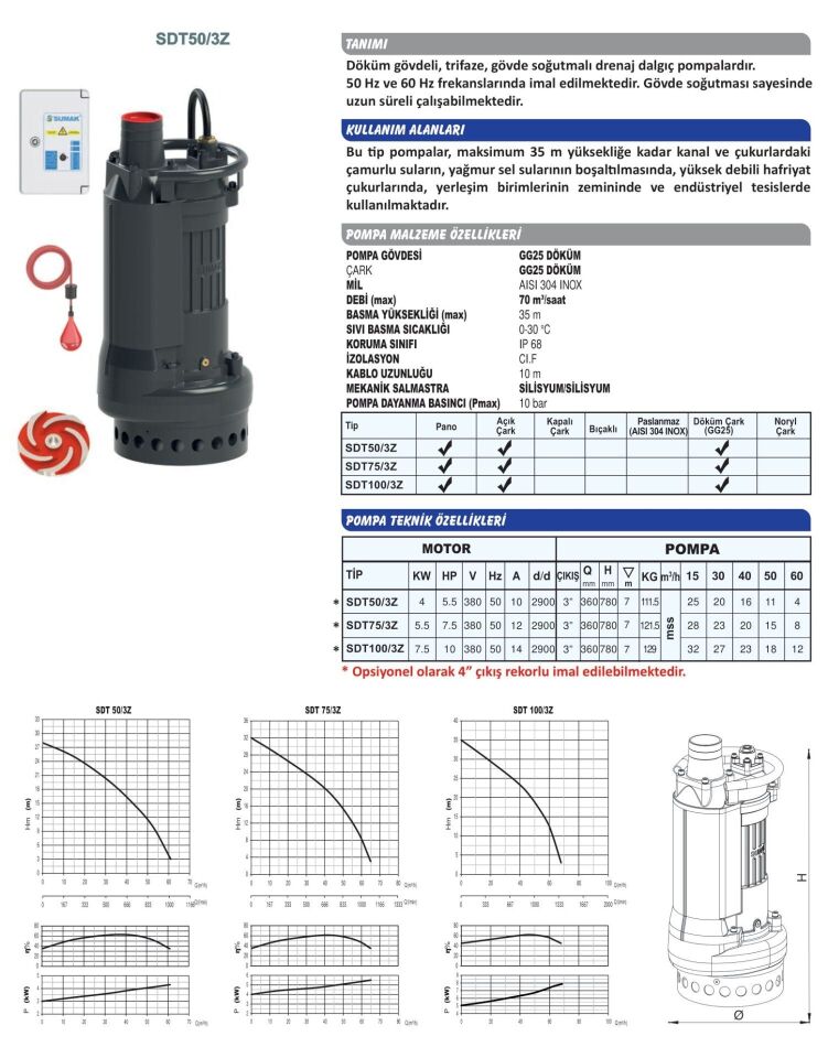 Sumak SDT75/3Z - 7.5 Hp Gömlek Soğutmalı Vortex Çarklı Atık Su Dalgıç Pompa
