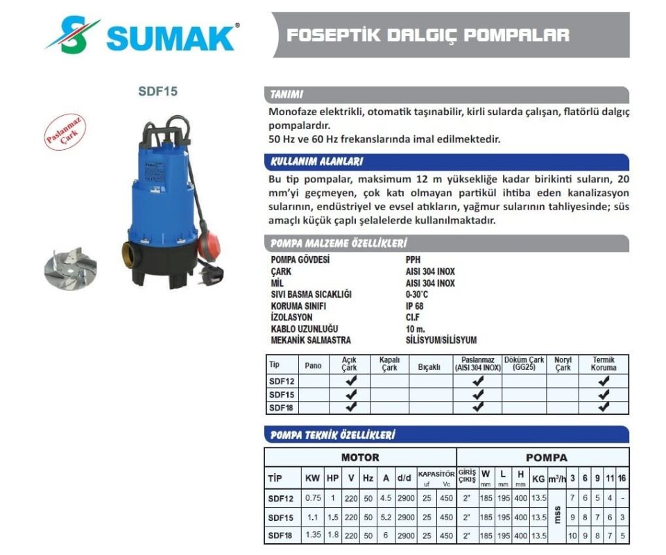 Sumak SDF12 - 1 HP Plastik Gövdeli Atık Su Dalgıç Pompa