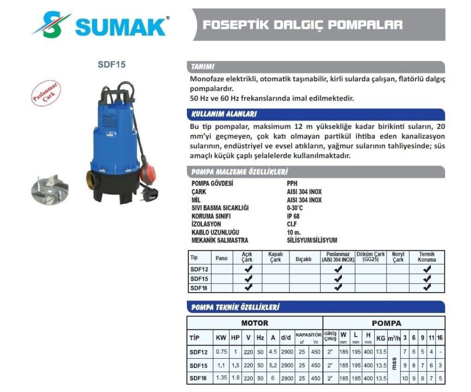 Sumak SDF15 - 1.5 HP Plastik Gövdeli Atık Su Dalgıç Pompa