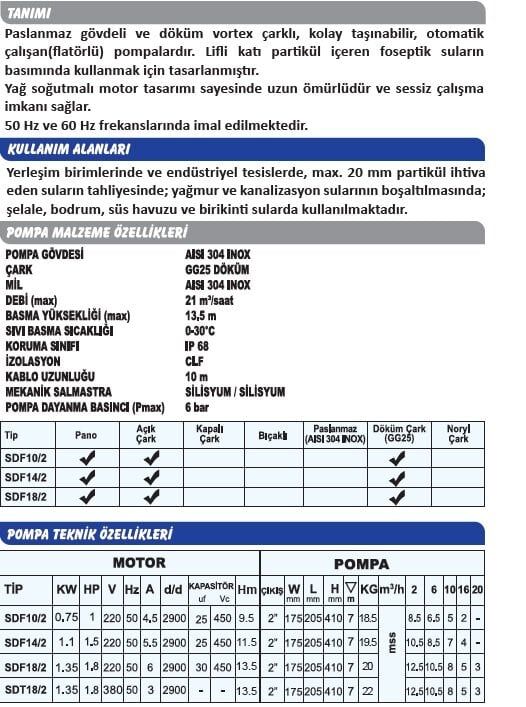 Sumak SDF10/2 - 1 HP 220v Atık Su Dalgıç Pompa