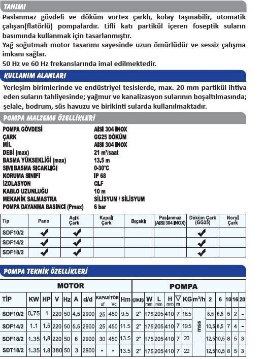 Sumak SDF14/2 - 1.5 HP 220v Atık Su Dalgıç Pompa