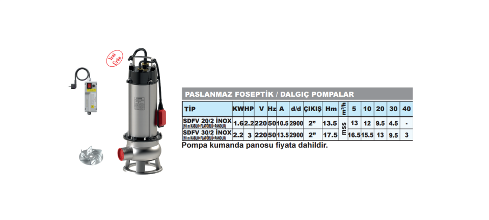 Sumak SDFV 20/2 İNOX - 2.2  Hp 220v Paslanmaz Gövdeli Atık Su Dalgıç Pompa