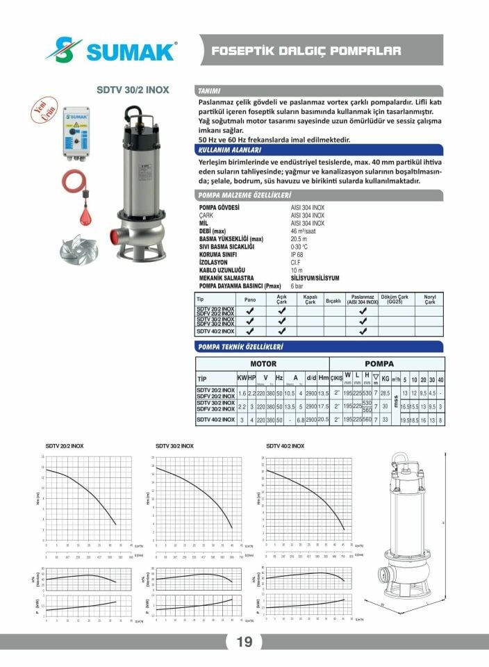 Sumak SDTV 30/2 İNOX - 3 Hp 380v Paslanmaz Gövdeli Atık Su Dalgıç Pompa