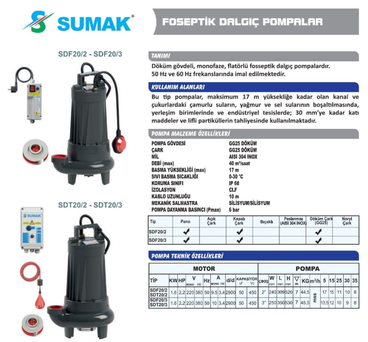 Sumak SDT20/3 - 2.2 Hp 380v Foseptik Dalgıç Pompa