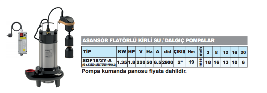 Sumak SDF18/2Y-A - 1.8 Hp Asansör Flatörlü Kirli Su Dalgıç Pompa